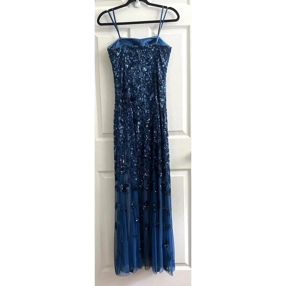 CACHE Vintage Y2K Blue Sequin Mesh Strapless Maxi Long Gown Dress - Picture 4 of 14